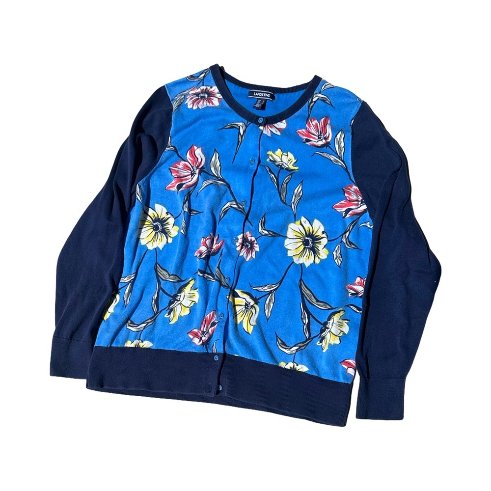 Lands' End Women’s Blue Floral Fine Gauge Cardigan